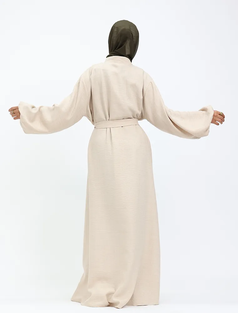 Beige Linen Feel Nehru Collar Maxi